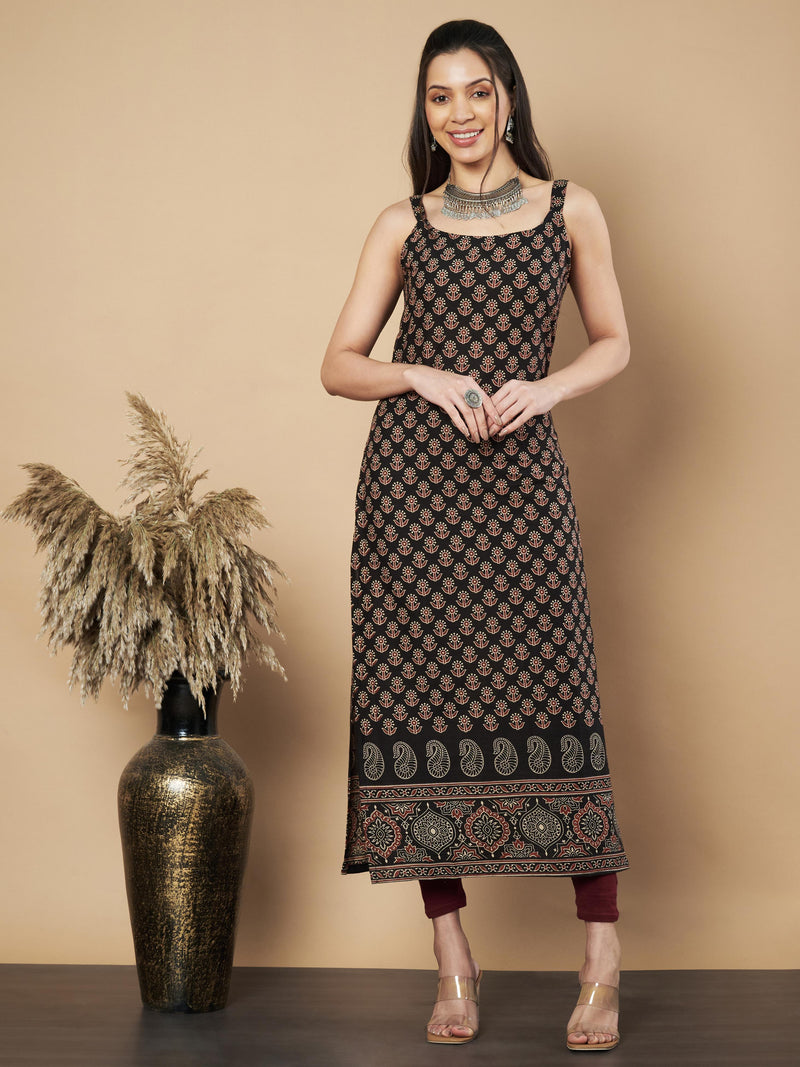 Black Floral Print Straight Cotton Kurta