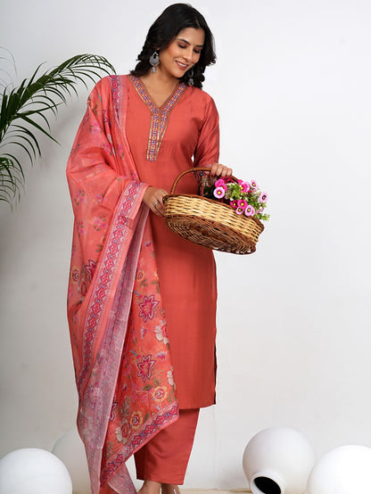 Coral Pink Solid With Embroidery Straight Roman Silk Kurta Set