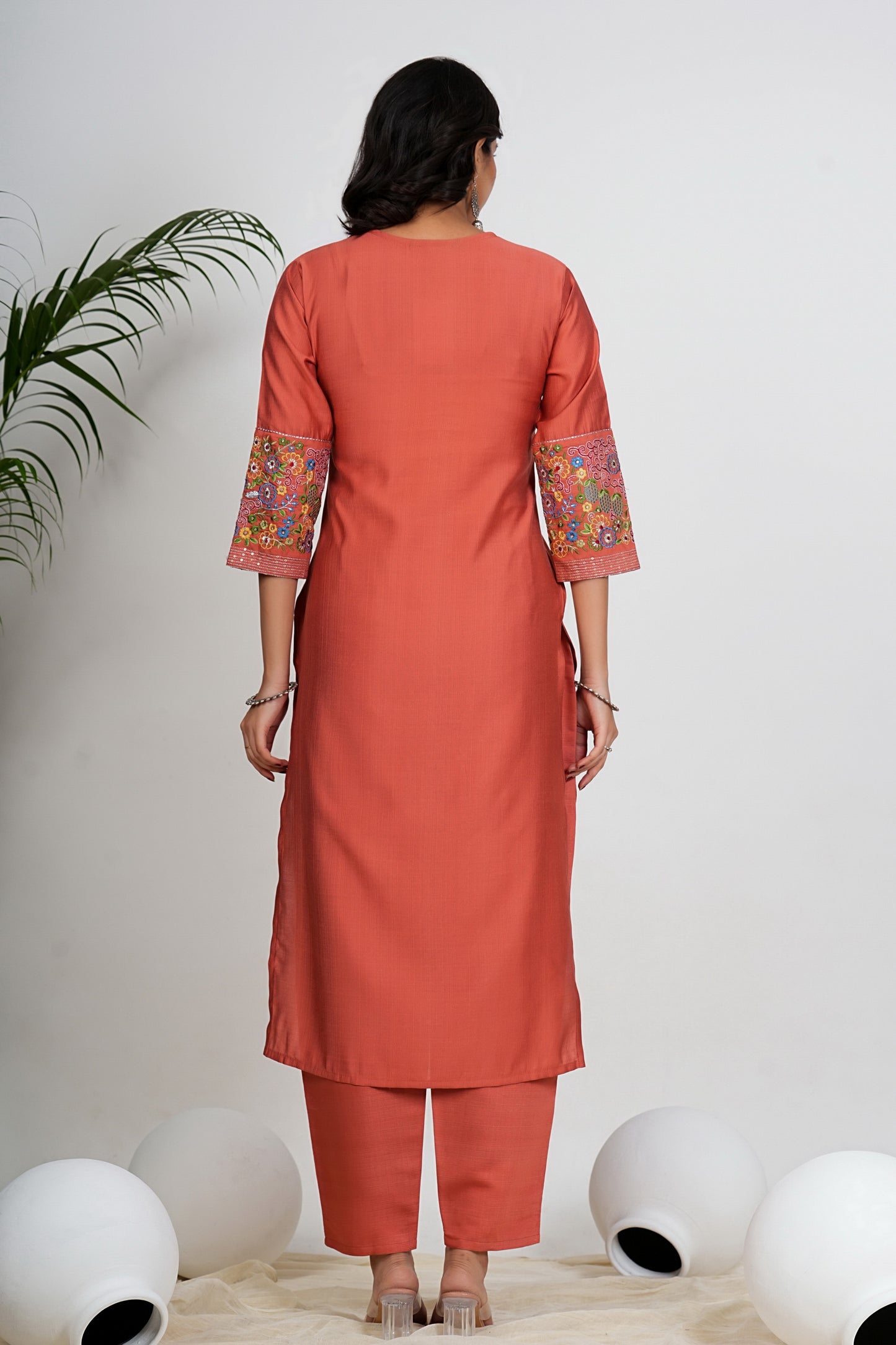 Coral Pink Solid With Embroidery Straight Roman Silk Kurta Set