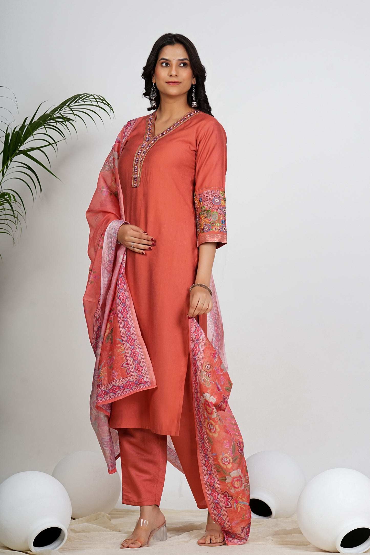 Coral Pink Solid With Embroidery Straight Roman Silk Kurta Set