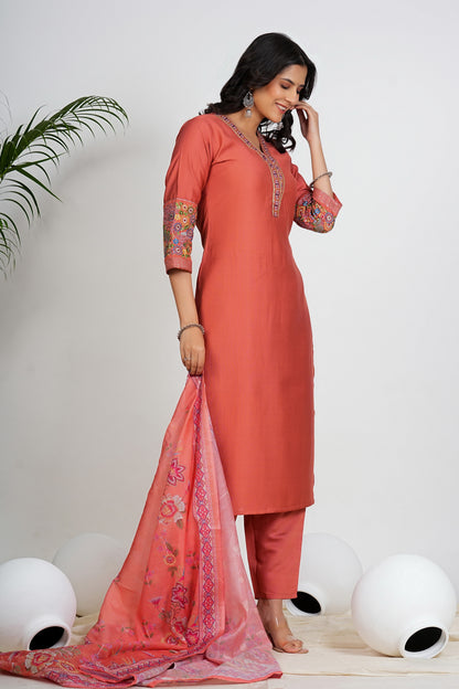 Coral Pink Solid With Embroidery Straight Roman Silk Kurta Set