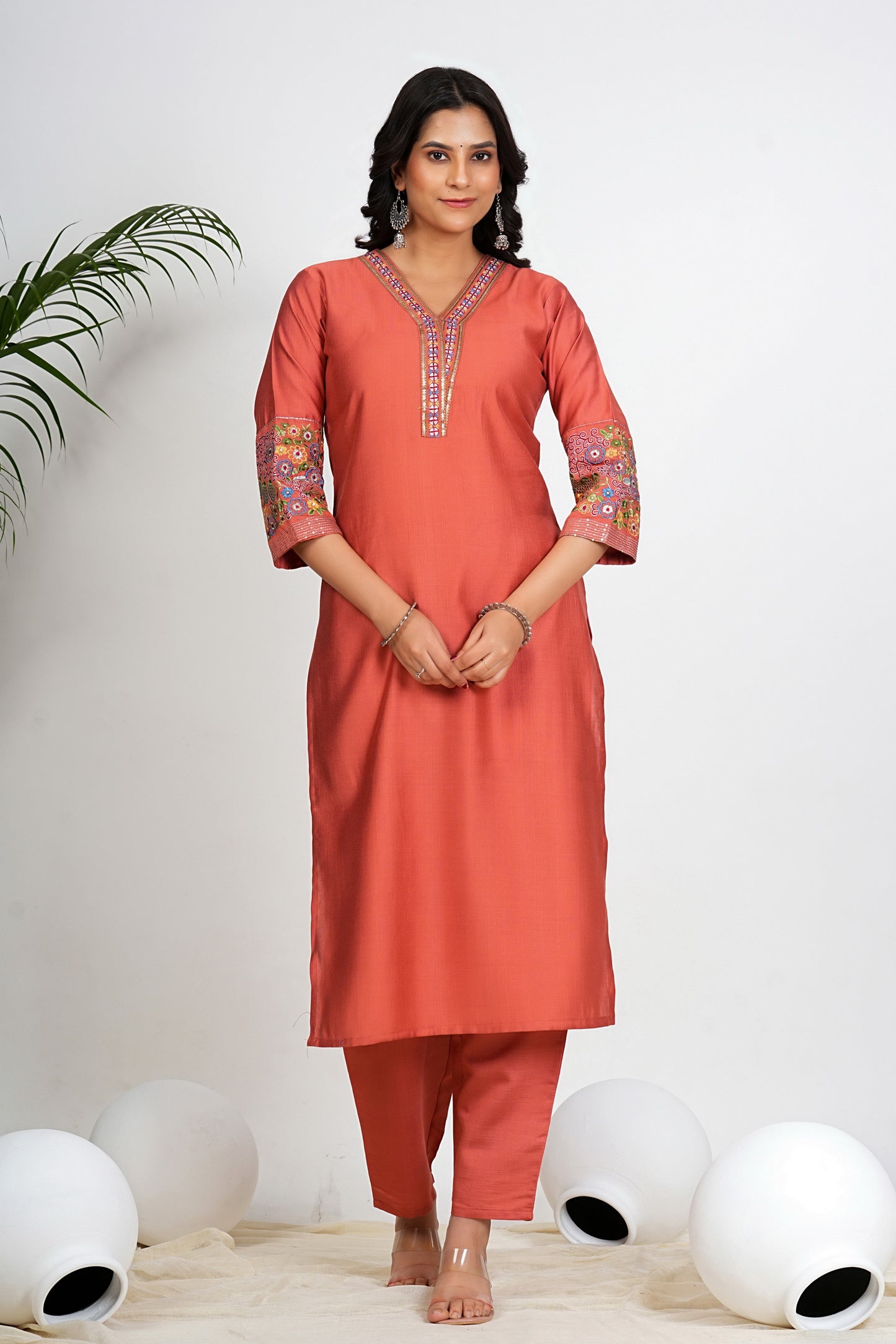 Coral Pink Solid With Embroidery Straight Roman Silk Kurta Set