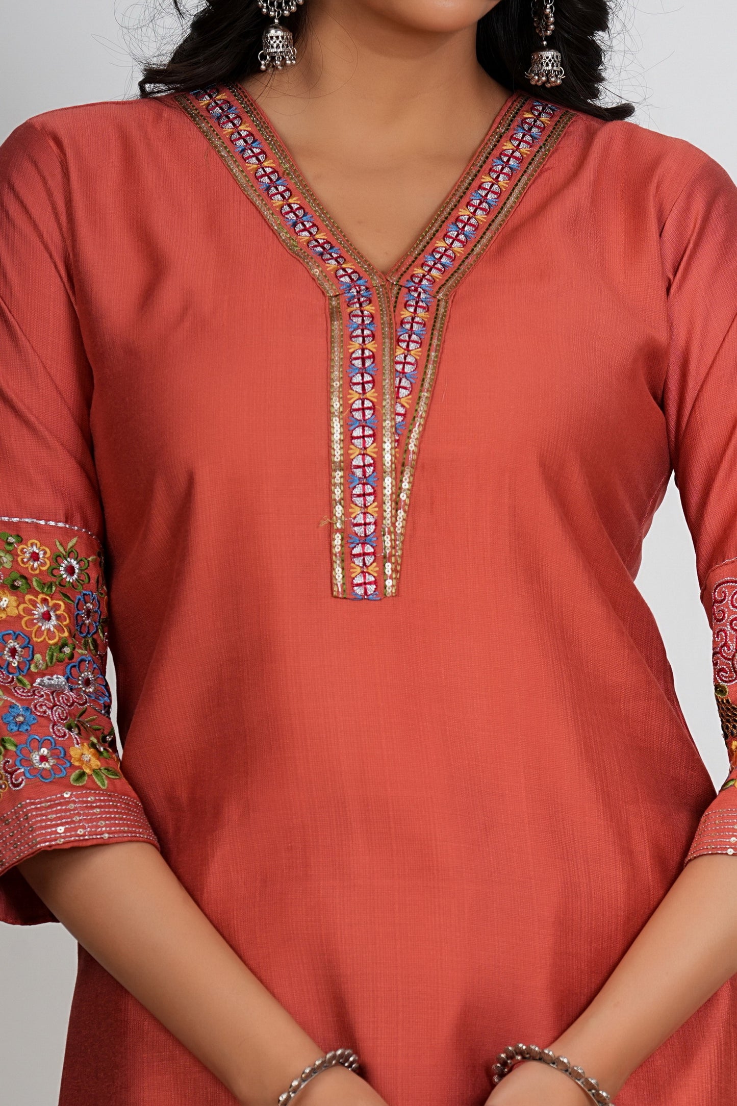 Coral Pink Solid With Embroidery Straight Roman Silk Kurta Set