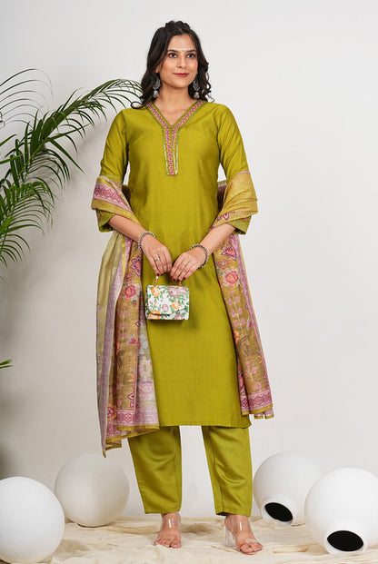 Parrot Green Solid With Embroidery Straight Roman Silk Stitched Kurta Set