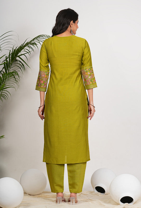 Parrot Green Solid With Embroidery Straight Roman Silk Stitched Kurta Set