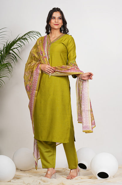 Parrot Green Solid With Embroidery Straight Roman Silk Stitched Kurta Set