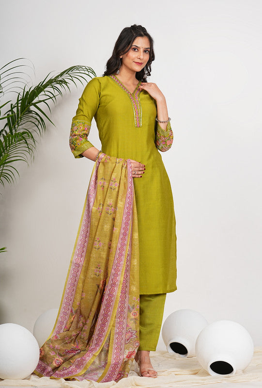 Parrot Green Solid With Embroidery Straight Roman Silk Stitched Kurta Set