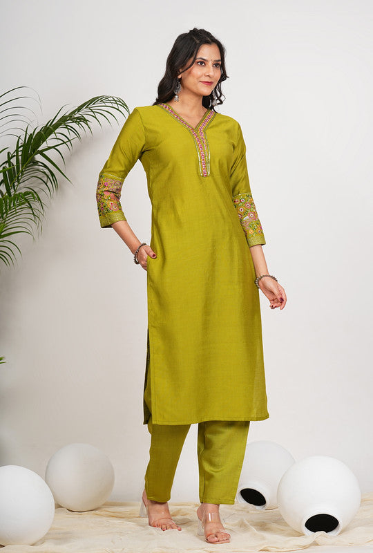 Parrot Green Solid With Embroidery Straight Roman Silk Stitched Kurta Set