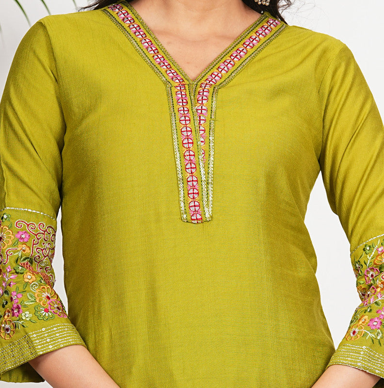 Parrot Green Solid With Embroidery Straight Roman Silk Stitched Kurta Set