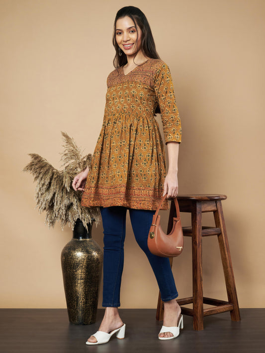 Mustard Color Floral Printed Flared Cotton Tunic