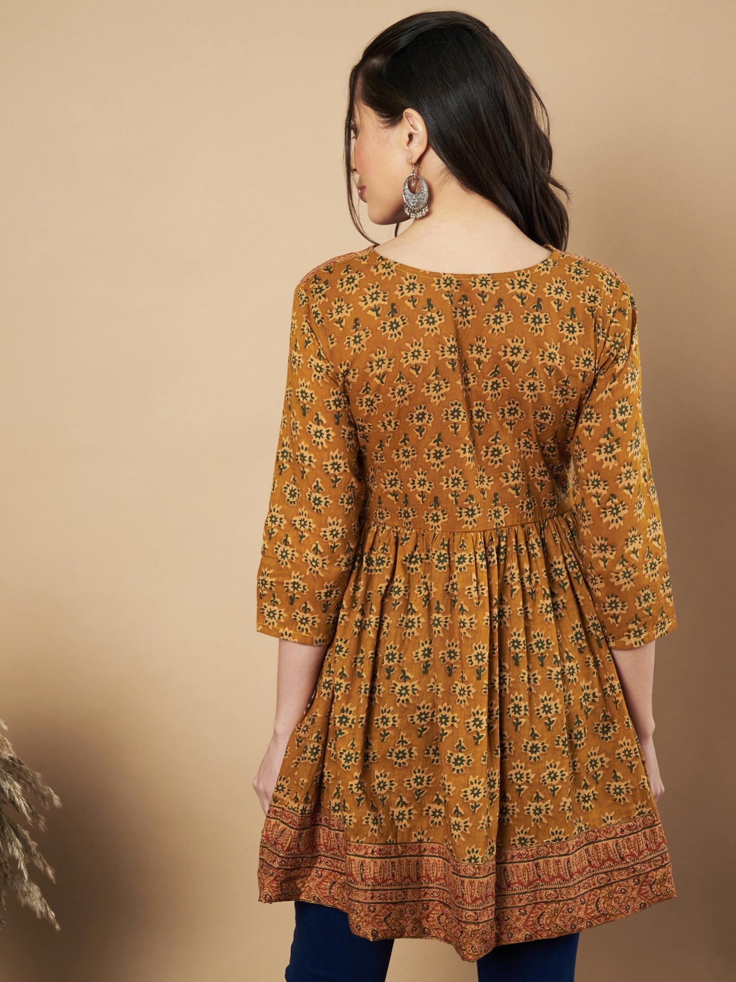 Mustard Color Floral Printed Flared Cotton Tunic