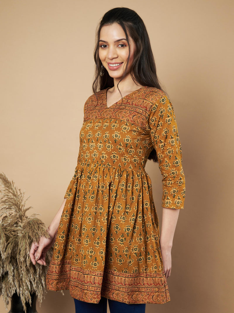 Mustard Color Floral Printed Flared Cotton Tunic