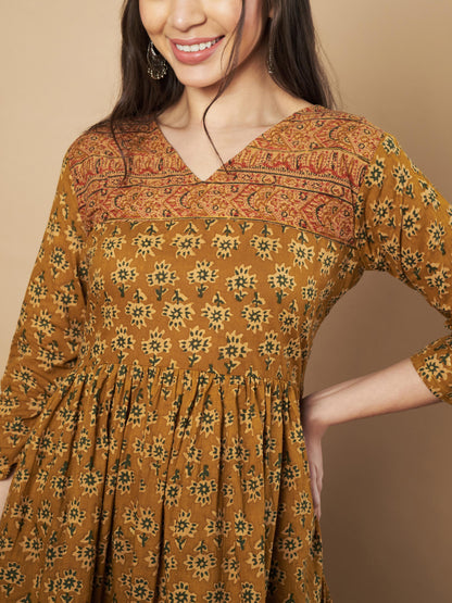 Mustard Color Floral Printed Flared Cotton Tunic