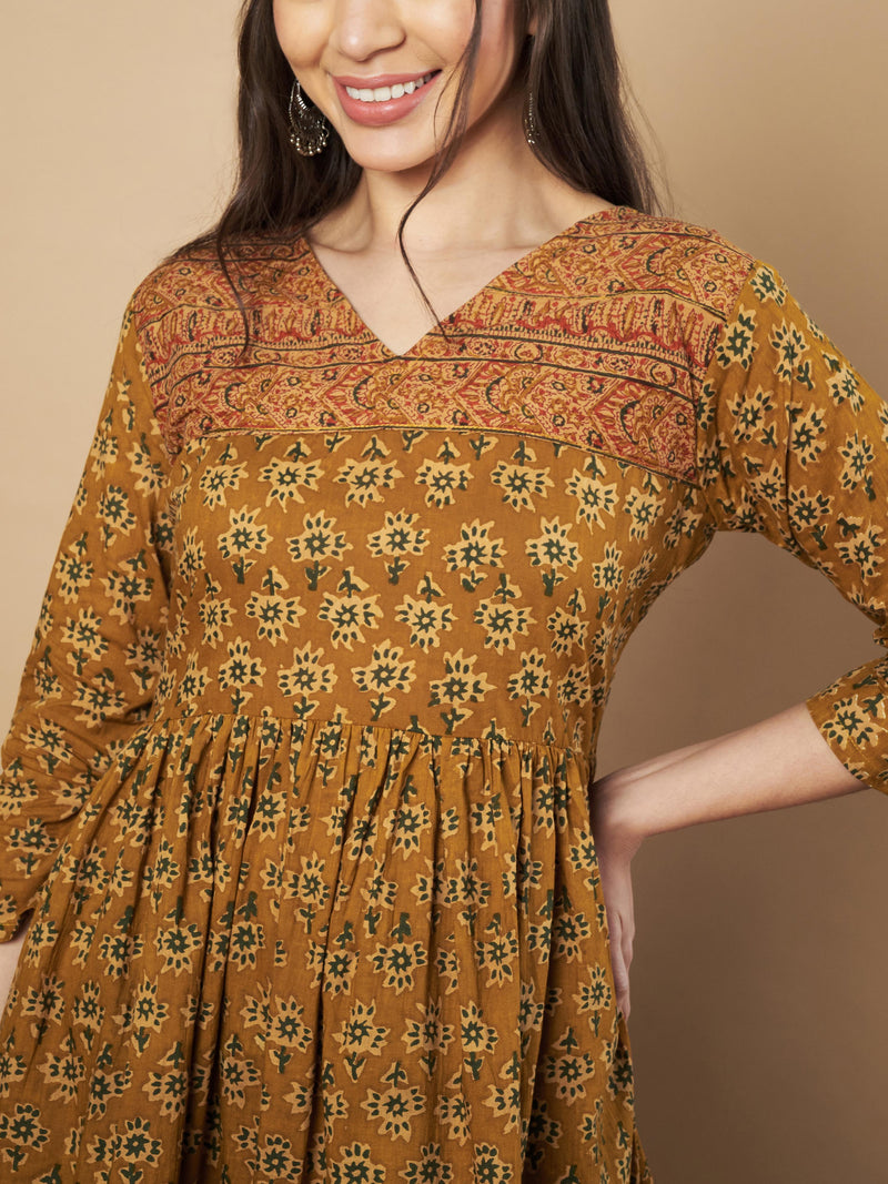 Mustard Color Floral Printed Flared Cotton Tunic