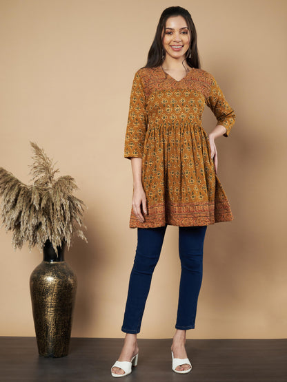 Mustard Color Floral Printed Flared Cotton Tunic