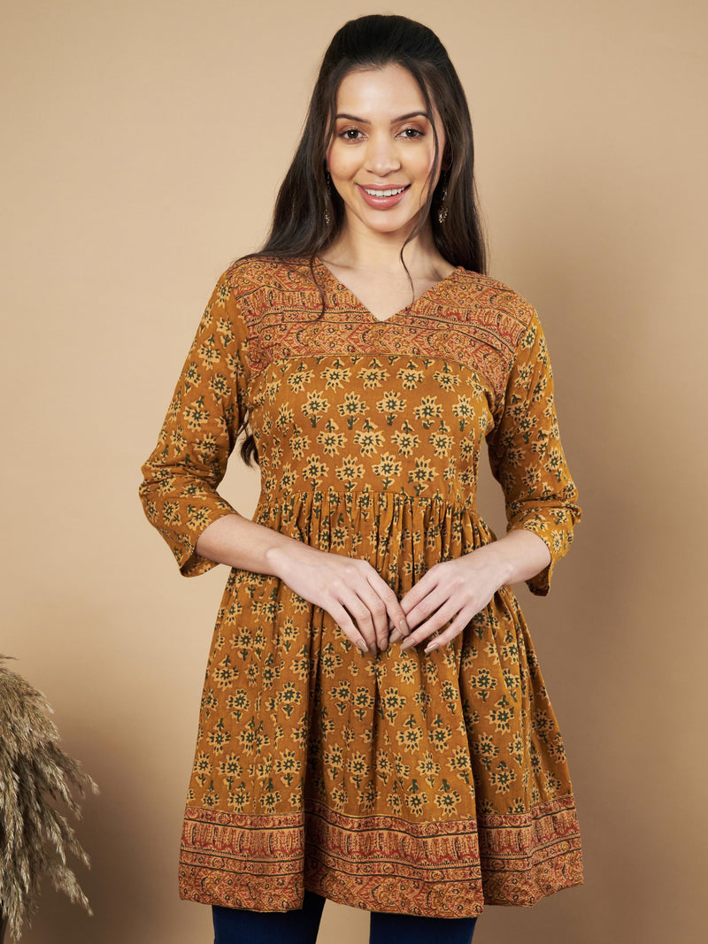 Mustard Color Floral Printed Flared Cotton Tunic