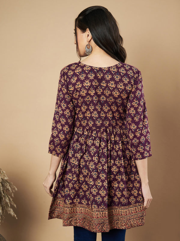 Wine Color Floral Printed Flared Cotton Tunic