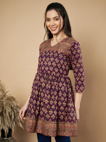 Wine Color Floral Printed Flared Cotton Tunic