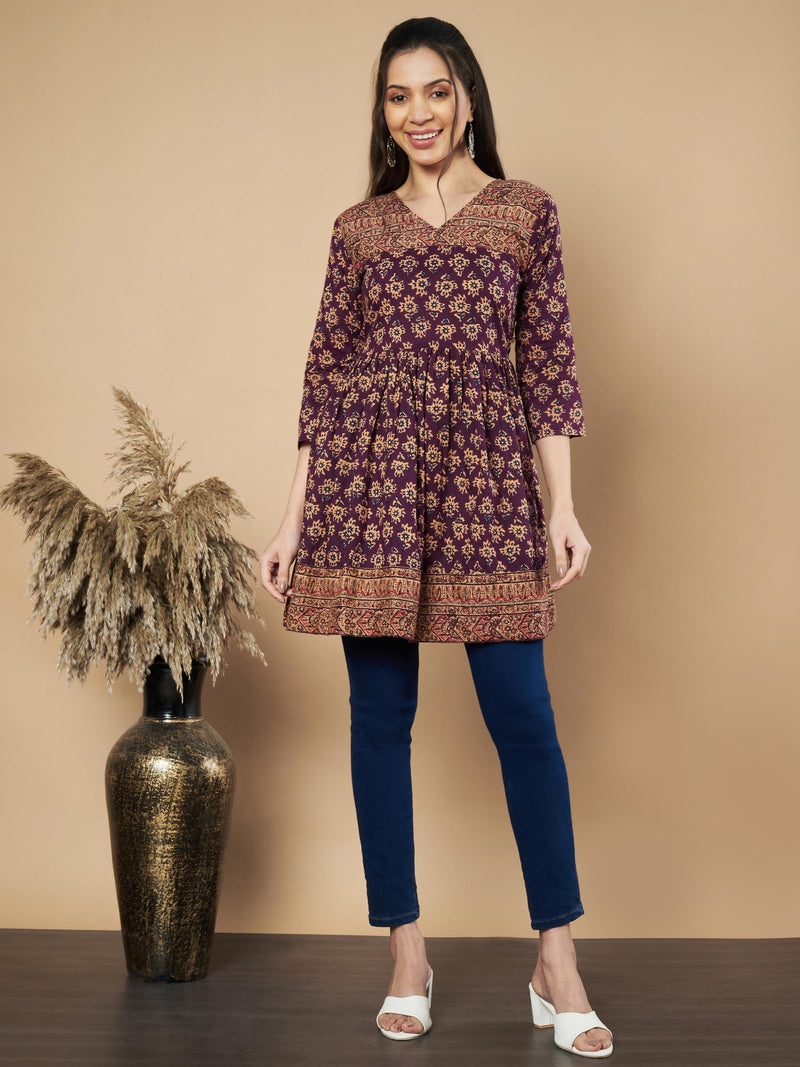 Wine Color Floral Printed Flared Cotton Tunic