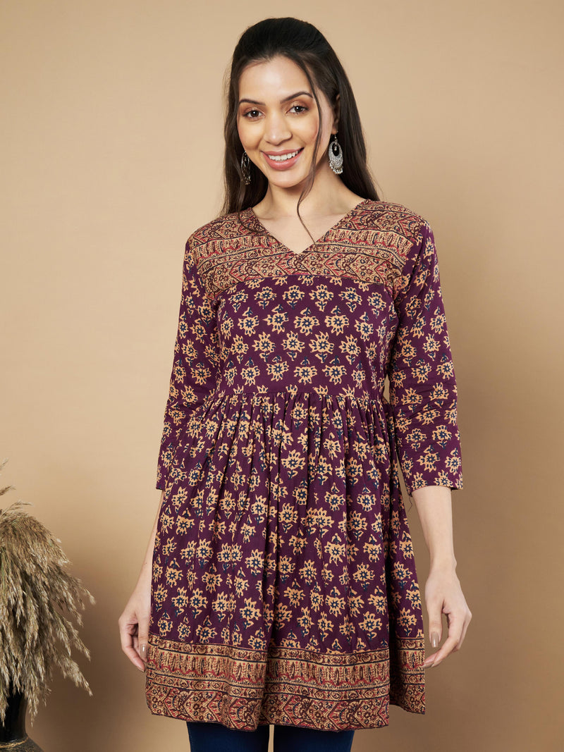 Wine Color Floral Printed Flared Cotton Tunic