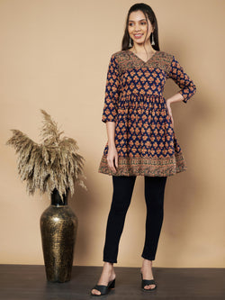 Navy Blue Color Floral Printed Flared Cotton Tunic