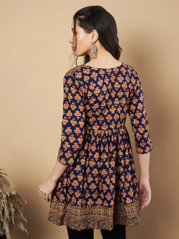 Navy Blue Color Floral Printed Flared Cotton Tunic