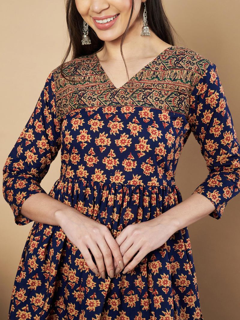 Navy Blue Color Floral Printed Flared Cotton Tunic