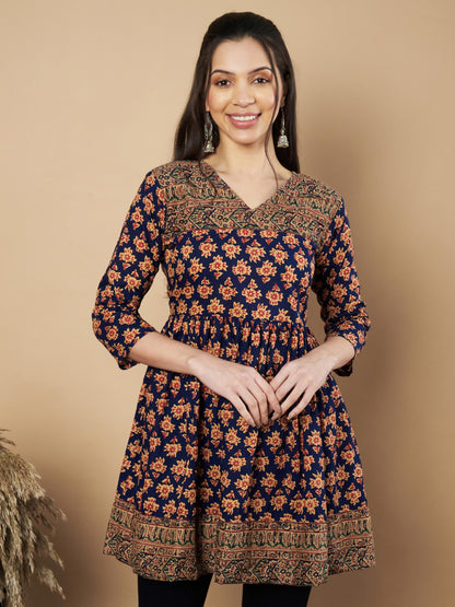 Navy Blue Color Floral Printed Flared Cotton Tunic