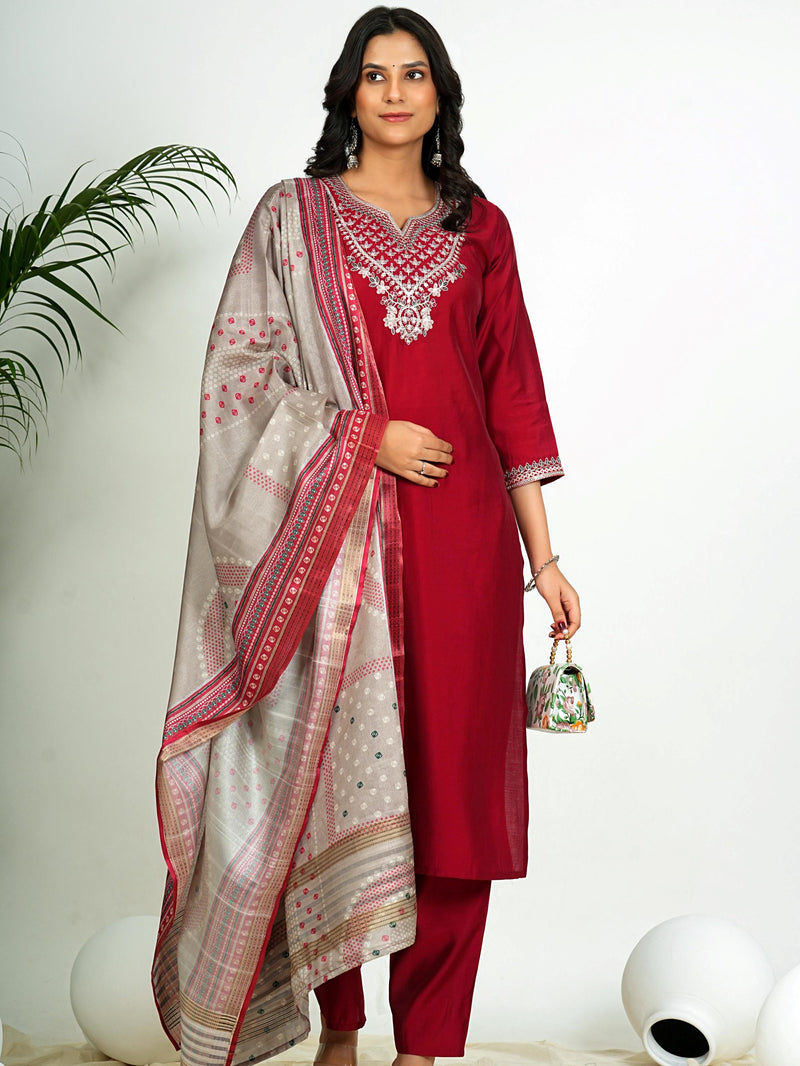 Maroon Solid With Zari Work Straight Roman Silk Kurta Set