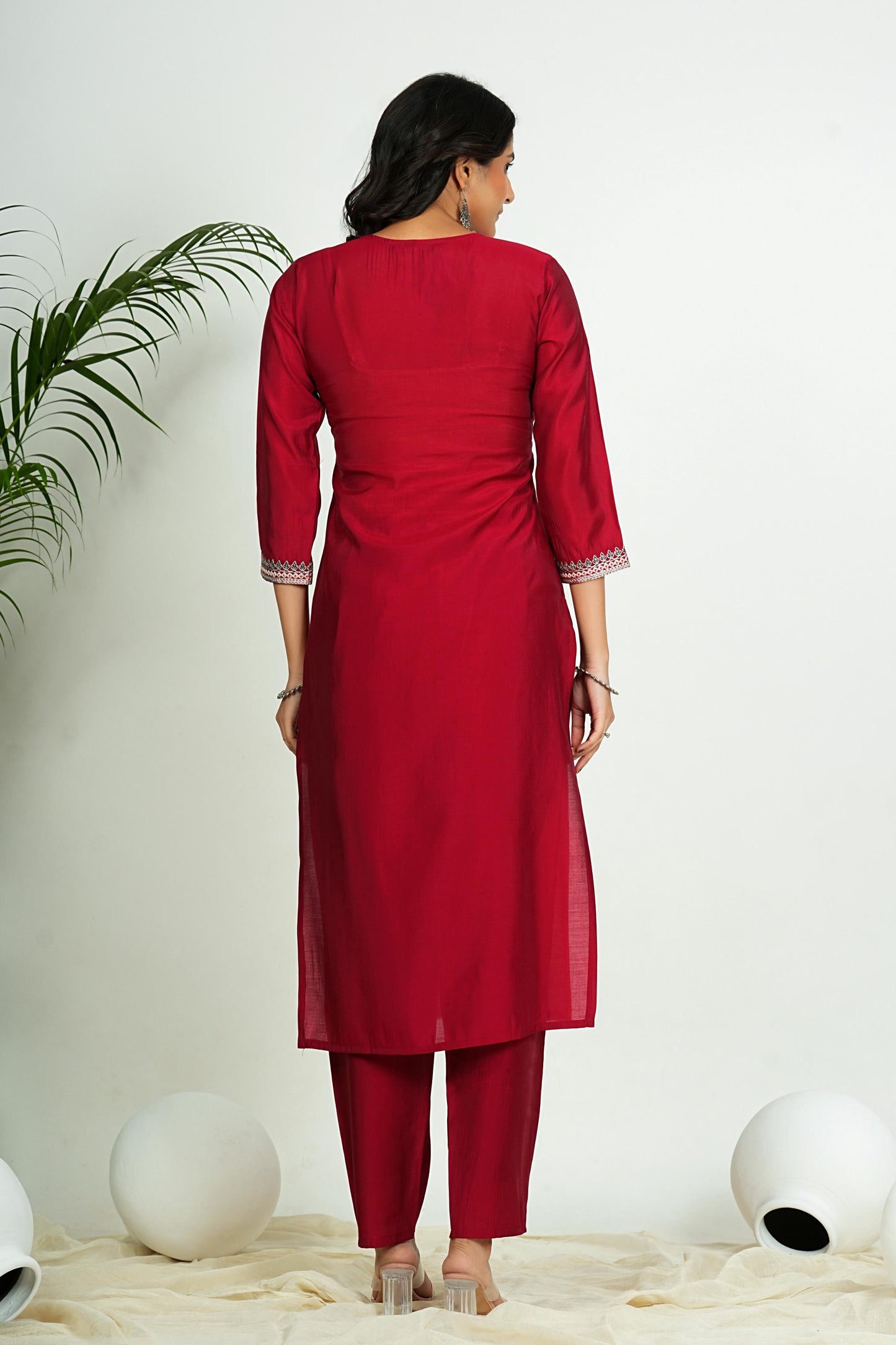 Maroon Solid With Zari Work Straight Roman Silk Kurta Set