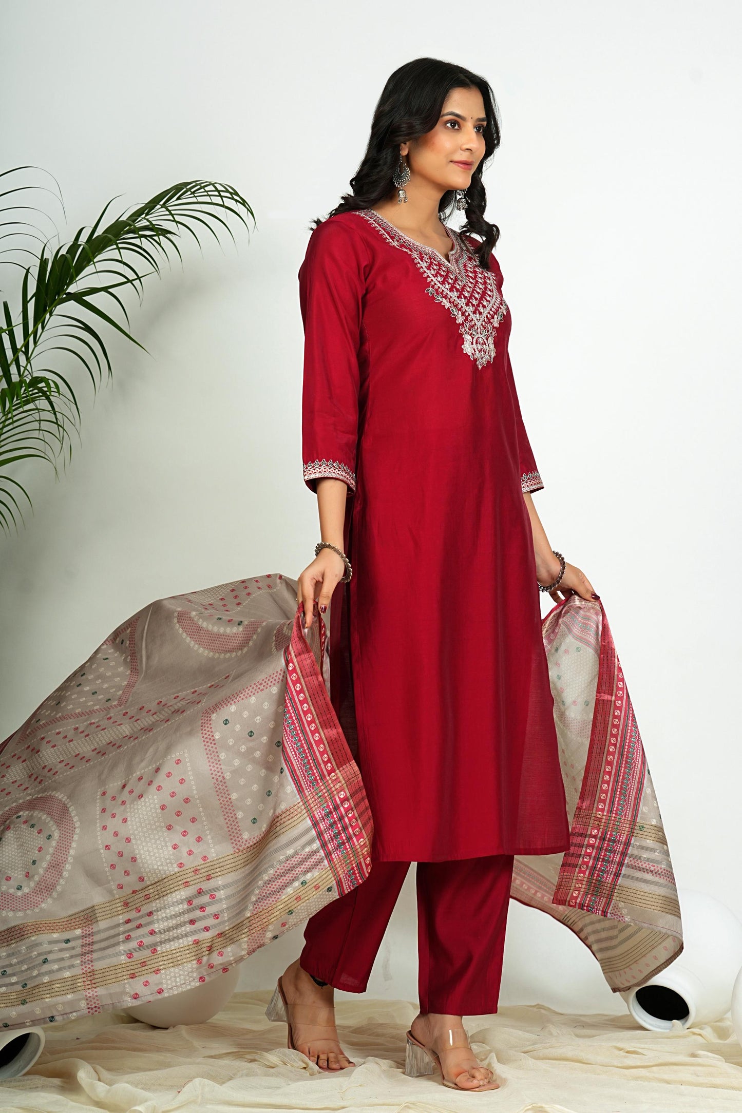 Maroon Solid With Zari Work Straight Roman Silk Kurta Set