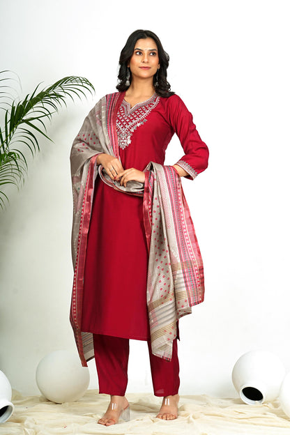 Maroon Solid With Zari Work Straight Roman Silk Kurta Set