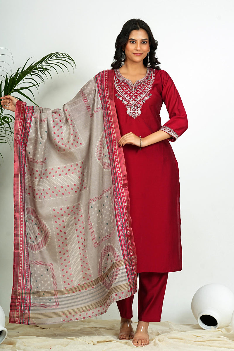 Maroon Solid With Zari Work Straight Roman Silk Kurta Set