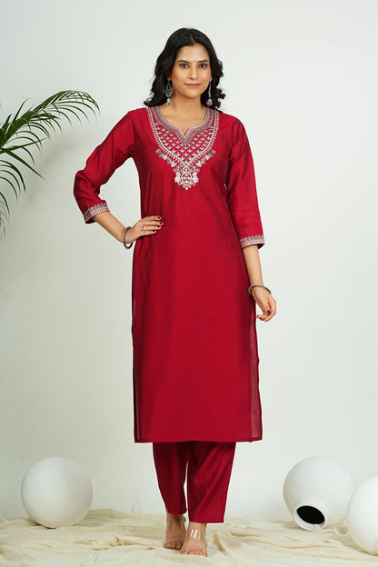 Maroon Solid With Zari Work Straight Roman Silk Kurta Set