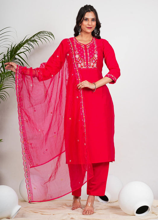 Pink Solid With Embroidery Straight Roman Silk Stitched Kurta Set