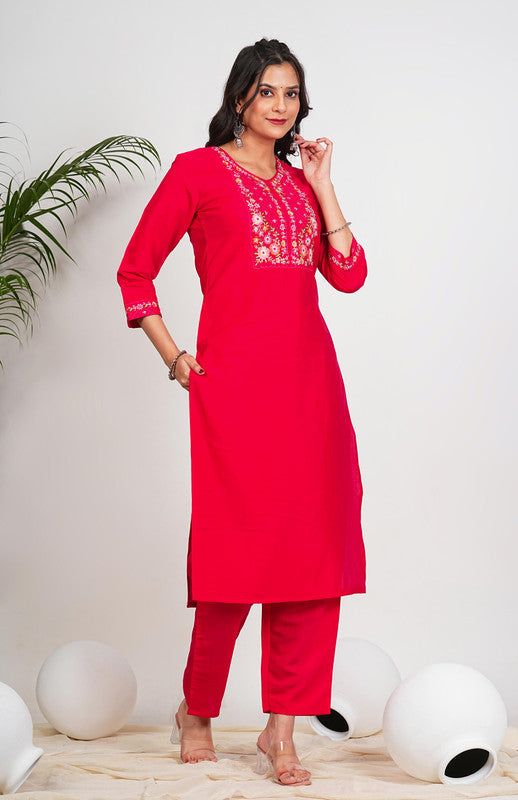 Pink Solid With Embroidery Straight Roman Silk Stitched Kurta Set