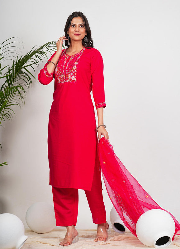 Pink Solid With Embroidery Straight Roman Silk Stitched Kurta Set