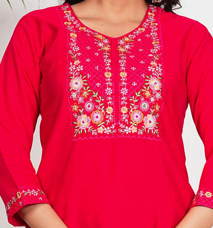 Pink Solid With Embroidery Straight Roman Silk Stitched Kurta Set