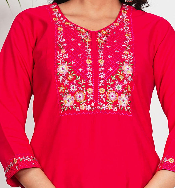 Pink Solid With Embroidery Straight Roman Silk Stitched Kurta Set