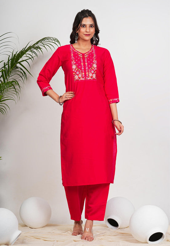 Pink Solid With Embroidery Straight Roman Silk Stitched Kurta Set