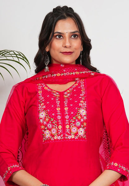 Pink Solid With Embroidery Straight Roman Silk Stitched Kurta Set