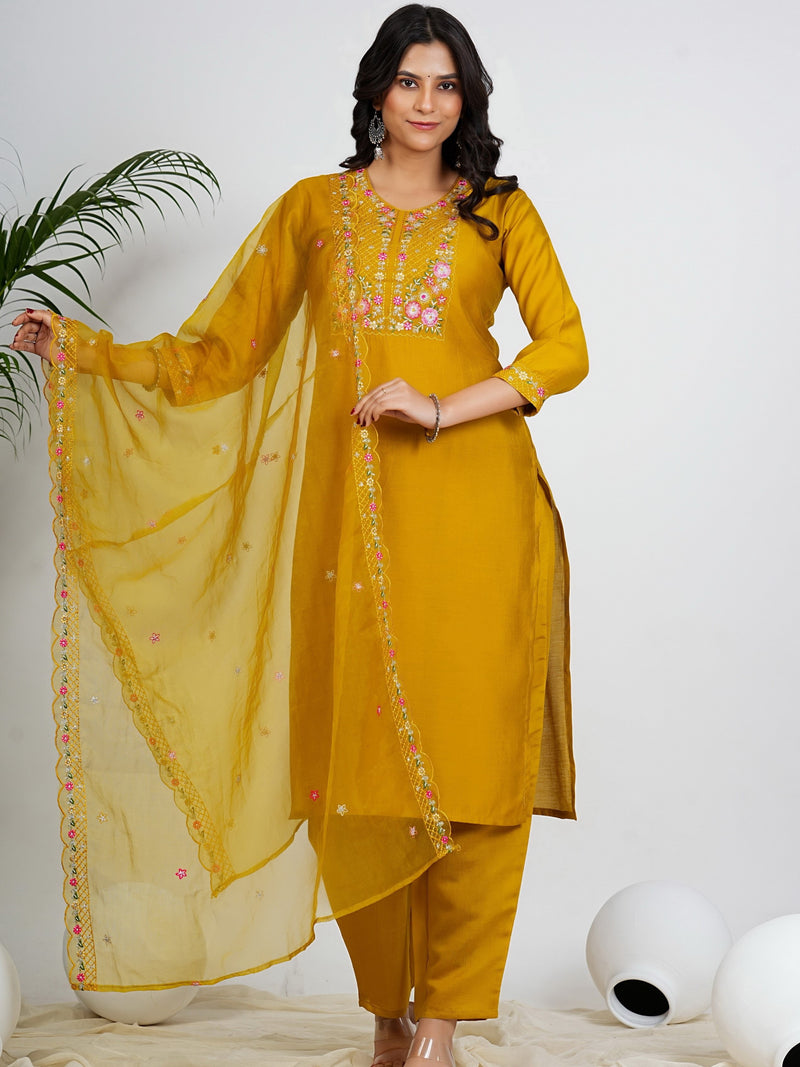 Dark Mustard Solid With Embroidery Work Straight Roman Silk Kurta Set