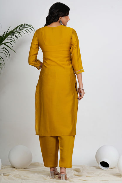 Dark Mustard Solid With Embroidery Work Straight Roman Silk Kurta Set