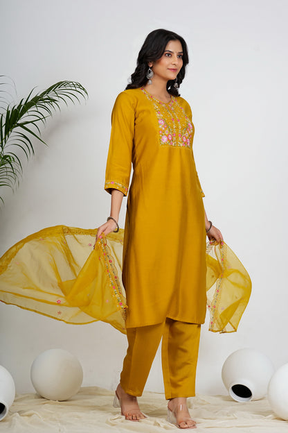 Dark Mustard Solid With Embroidery Work Straight Roman Silk Kurta Set