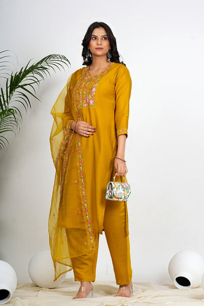 Dark Mustard Solid With Embroidery Work Straight Roman Silk Kurta Set