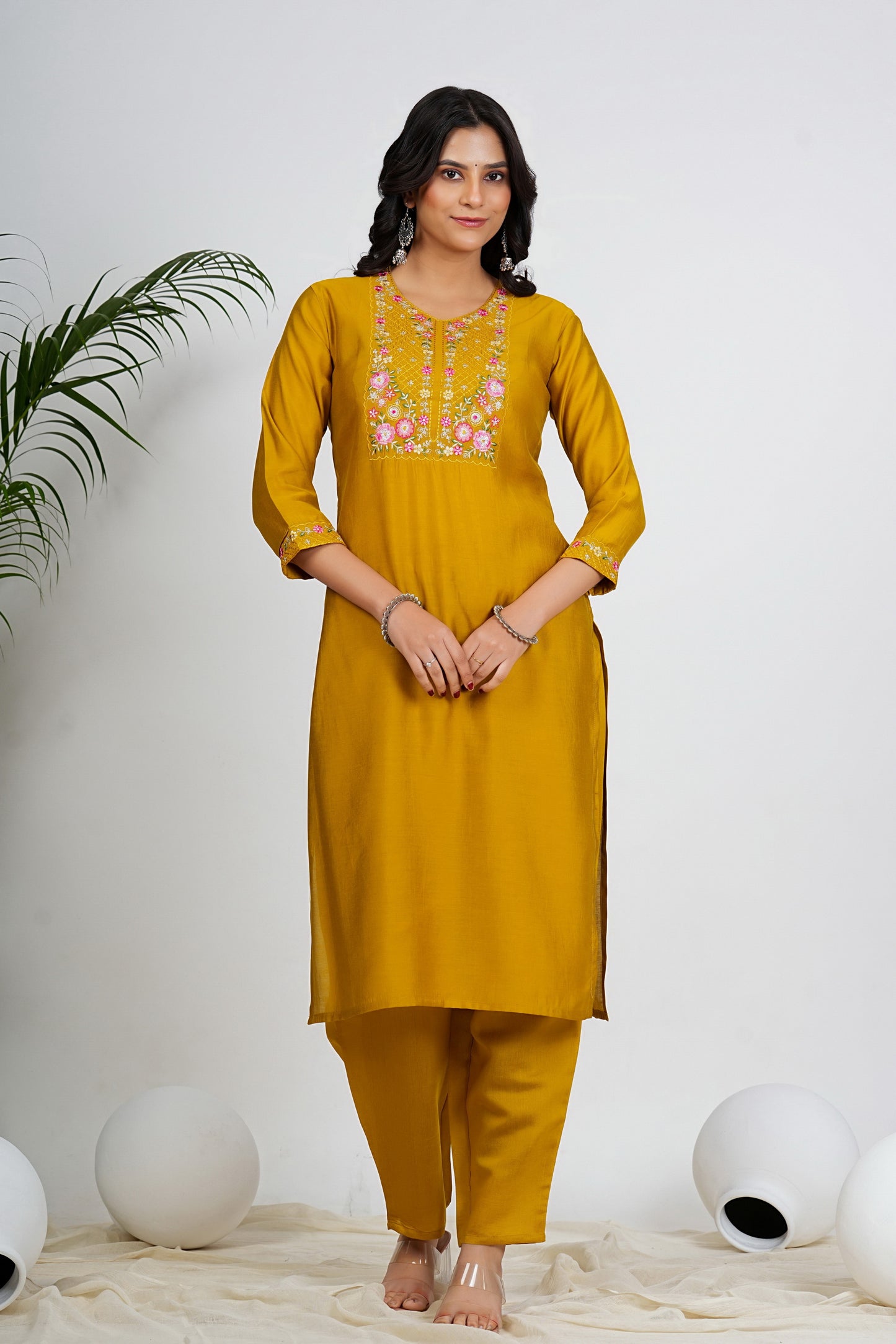 Dark Mustard Solid With Embroidery Work Straight Roman Silk Kurta Set