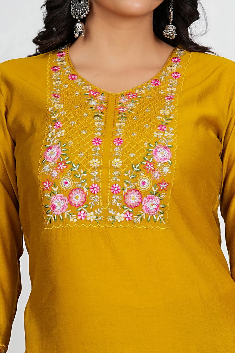 Dark Mustard Solid With Embroidery Work Straight Roman Silk Kurta Set