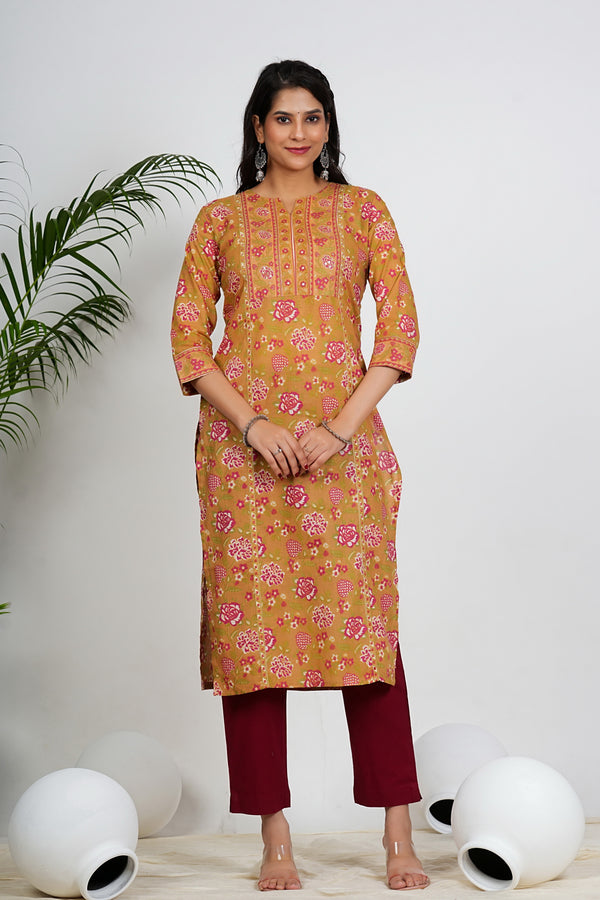 Multi Color Floral Print straight Cotton Kurta