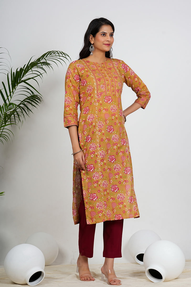 Multi Color Floral Print straight Cotton Kurta