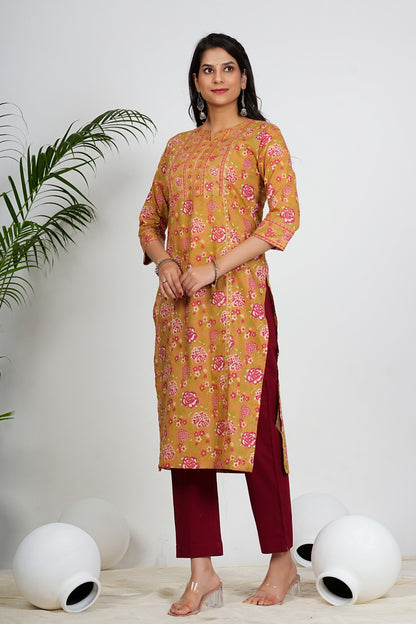 Multi Color Floral Print straight Cotton Kurta